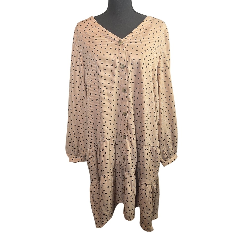 L Love Polka Dot Dress Womens Large Tan Black Tiered‎ Button Front NWT